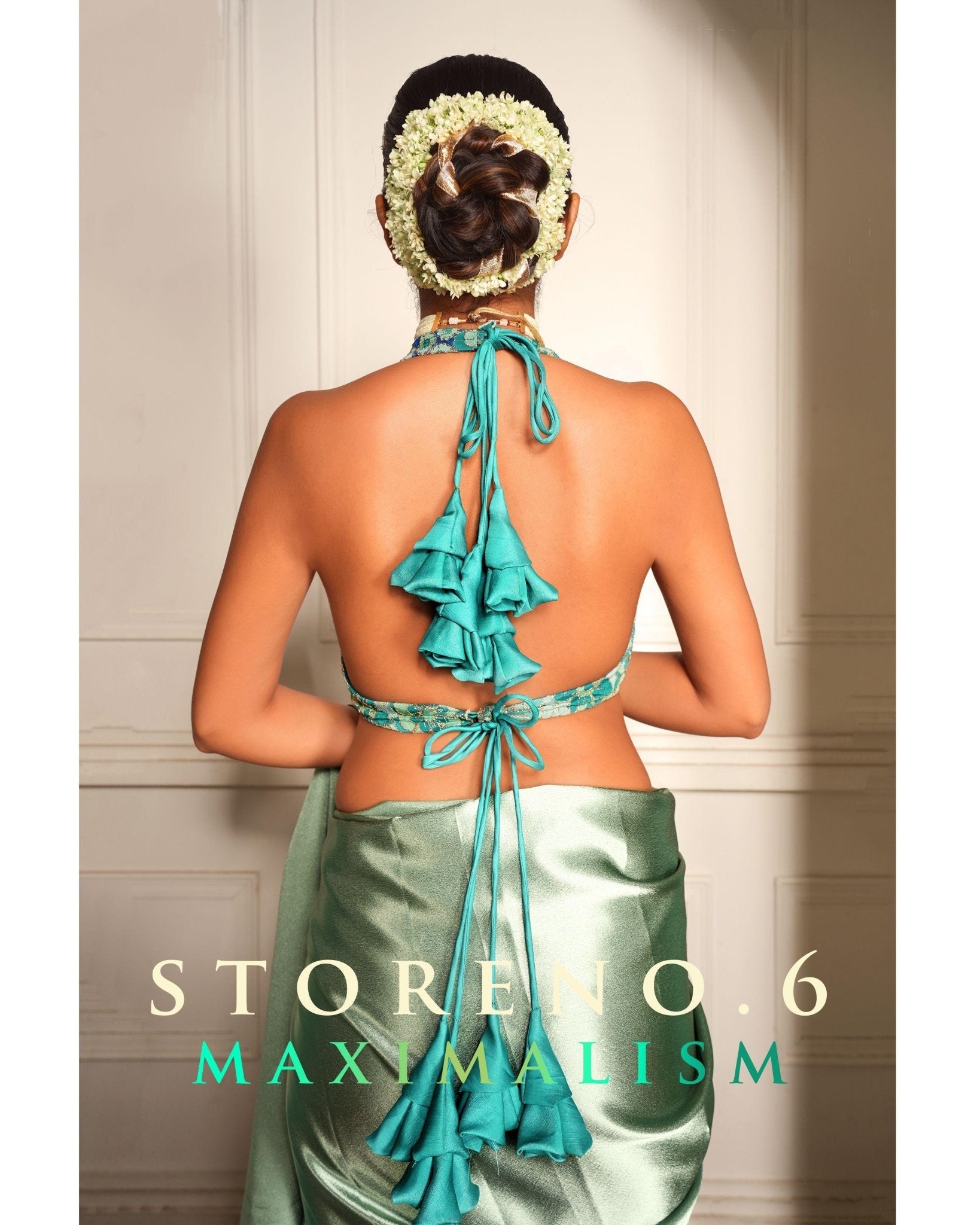 TEAL GREEN SATIN SAREE WITH STUNNING SAPPHIRE HALTER BLOUSE