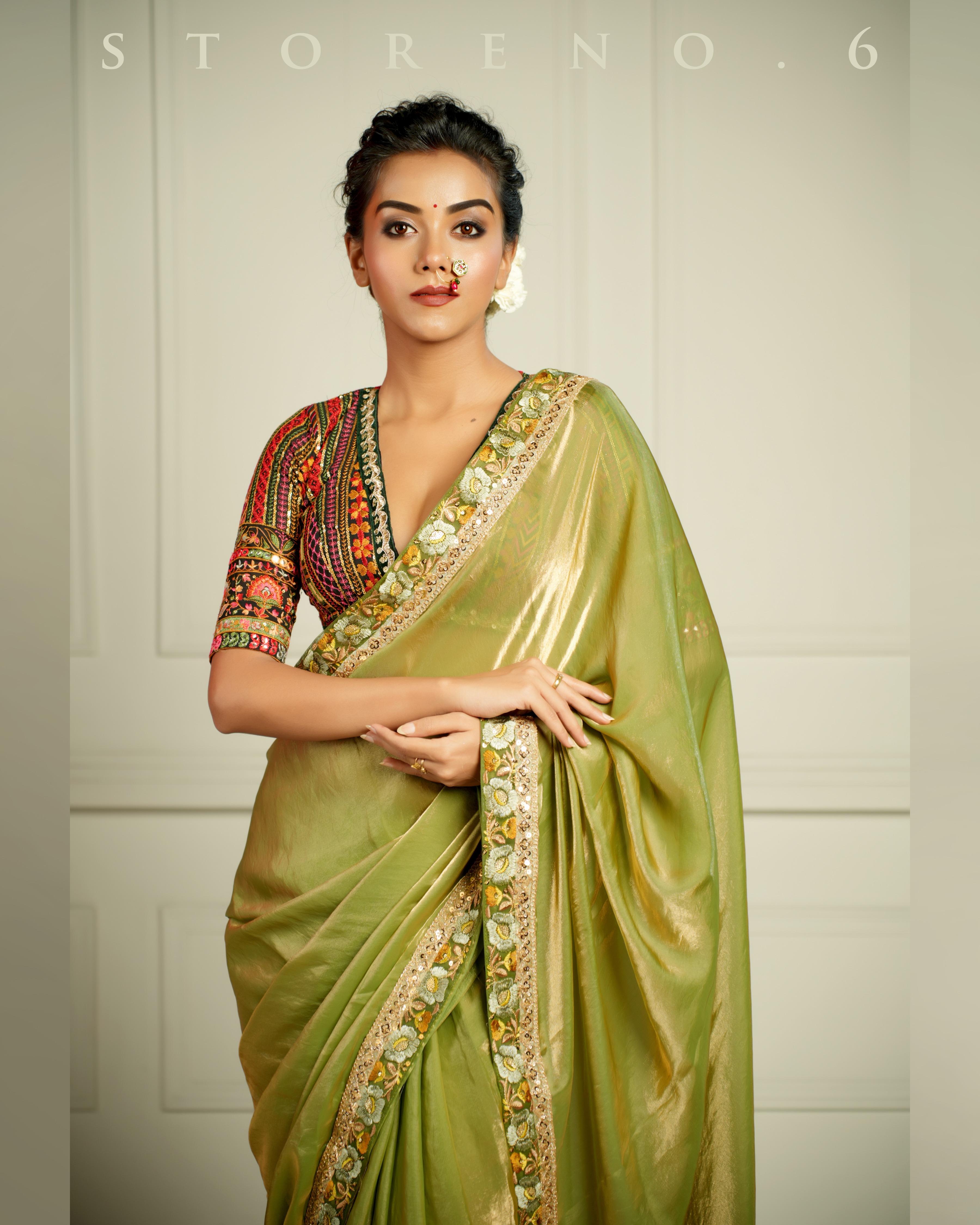 THE IMPERIAL MEADOW WHISPER SAREE WITH DORE KAARI SIAH HEMMED BLOUSE