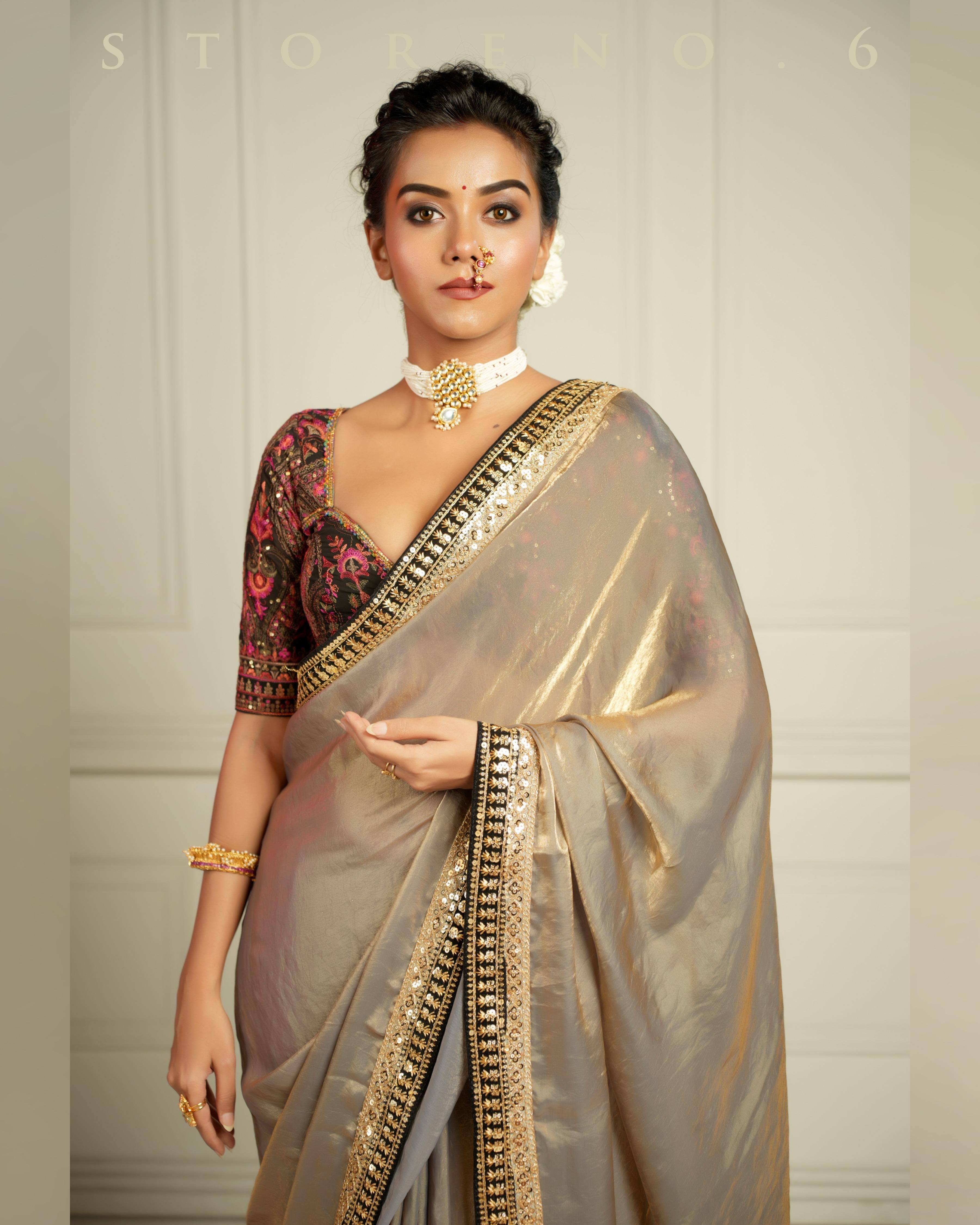 THE IMPERIAL SUNKISSED SMOKE SAREE WITH CHAHAT-E-SIAH BLOUSE