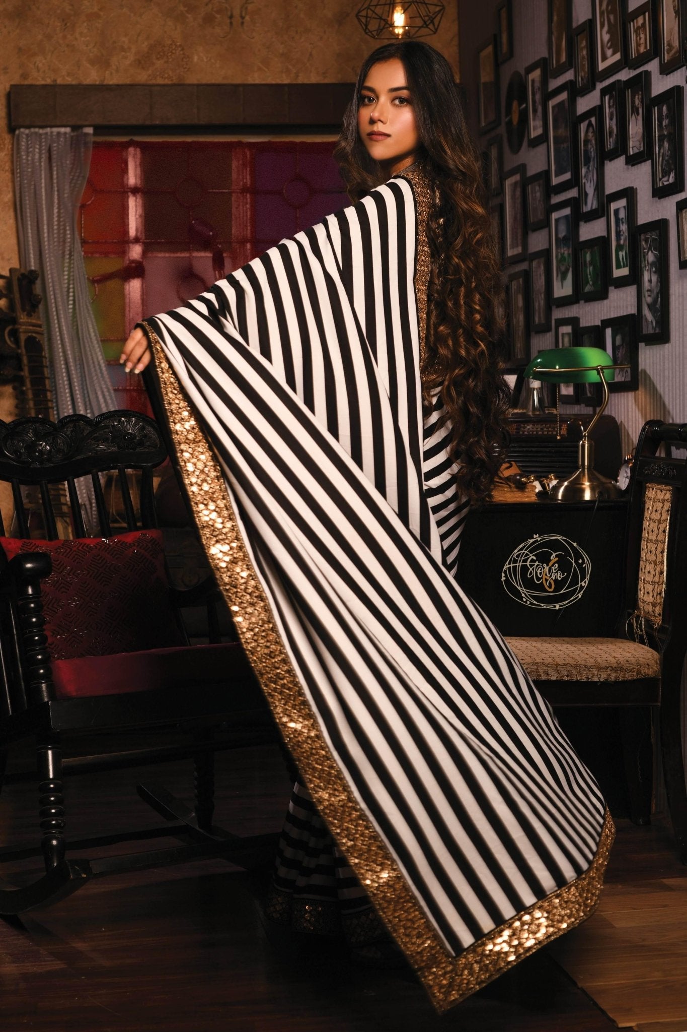 FLOURISHING STRIPE SHOW SAREE WITH NARGIS-E-SIAH BLOUSE