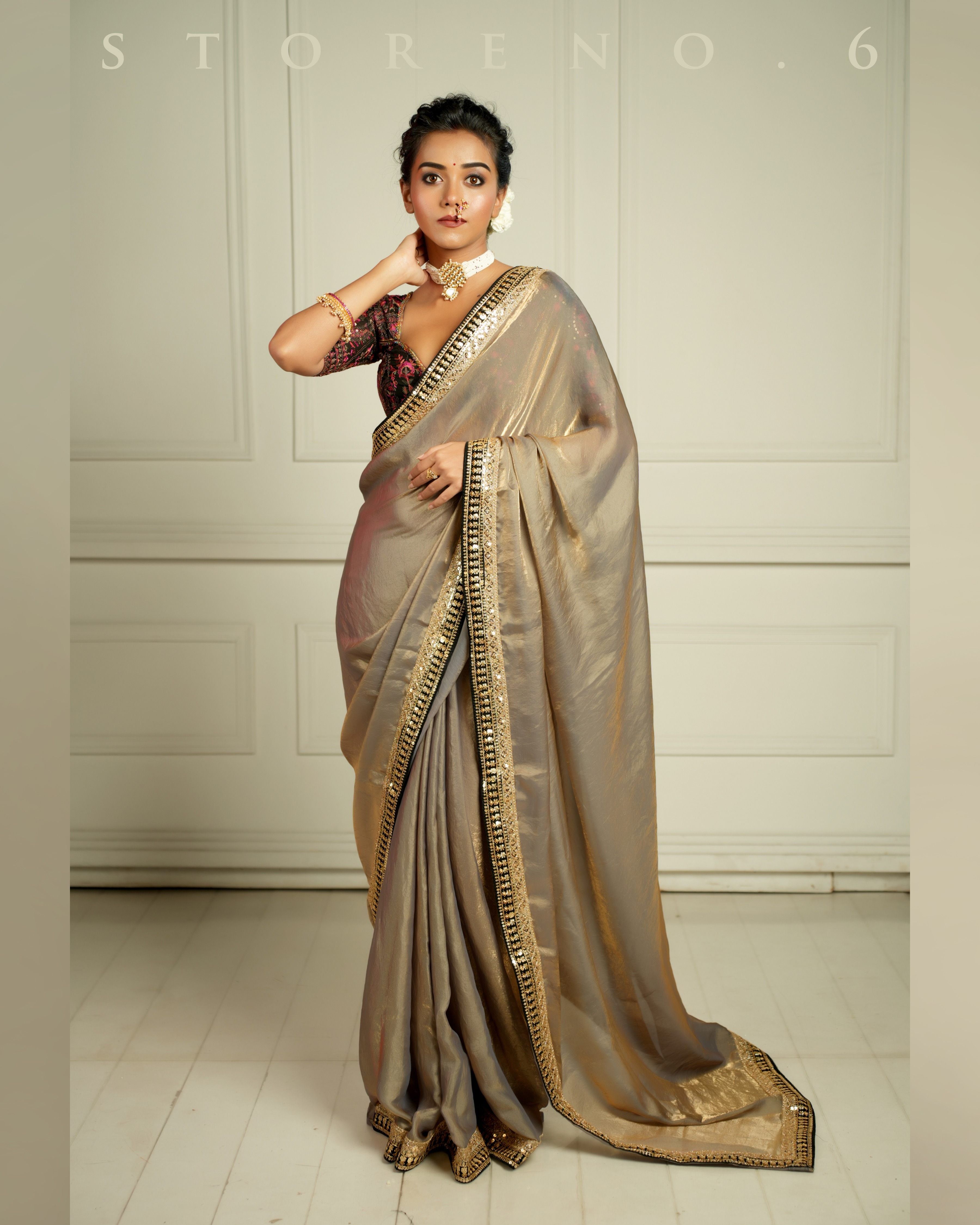 THE IMPERIAL SUNKISSED SMOKE SAREE WITH CHAHAT-E-SIAH BLOUSE