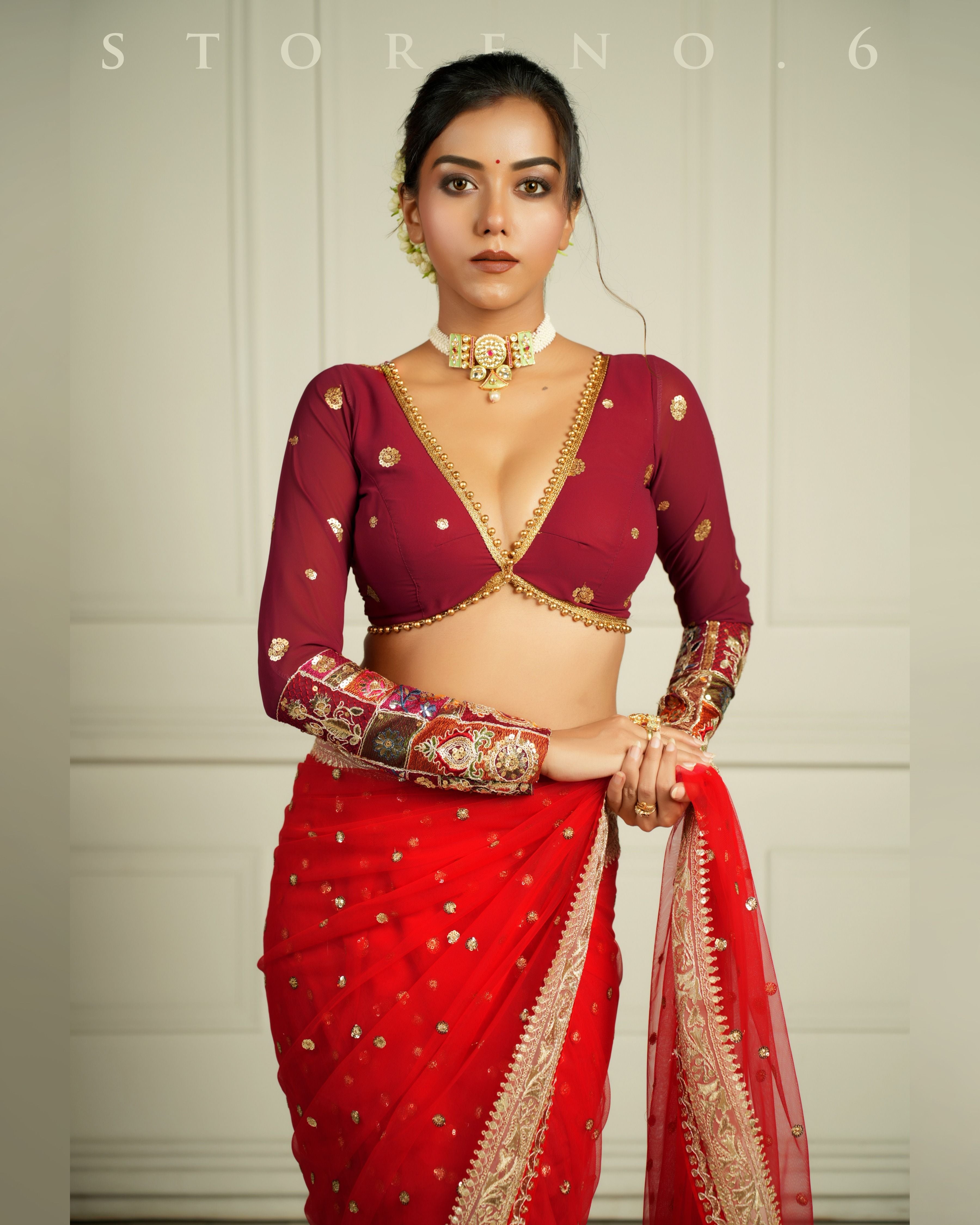 THE QUEEN'S CRIMSON CRUSH SAREE WITH RICH IN MAHOGANY BLOUSE