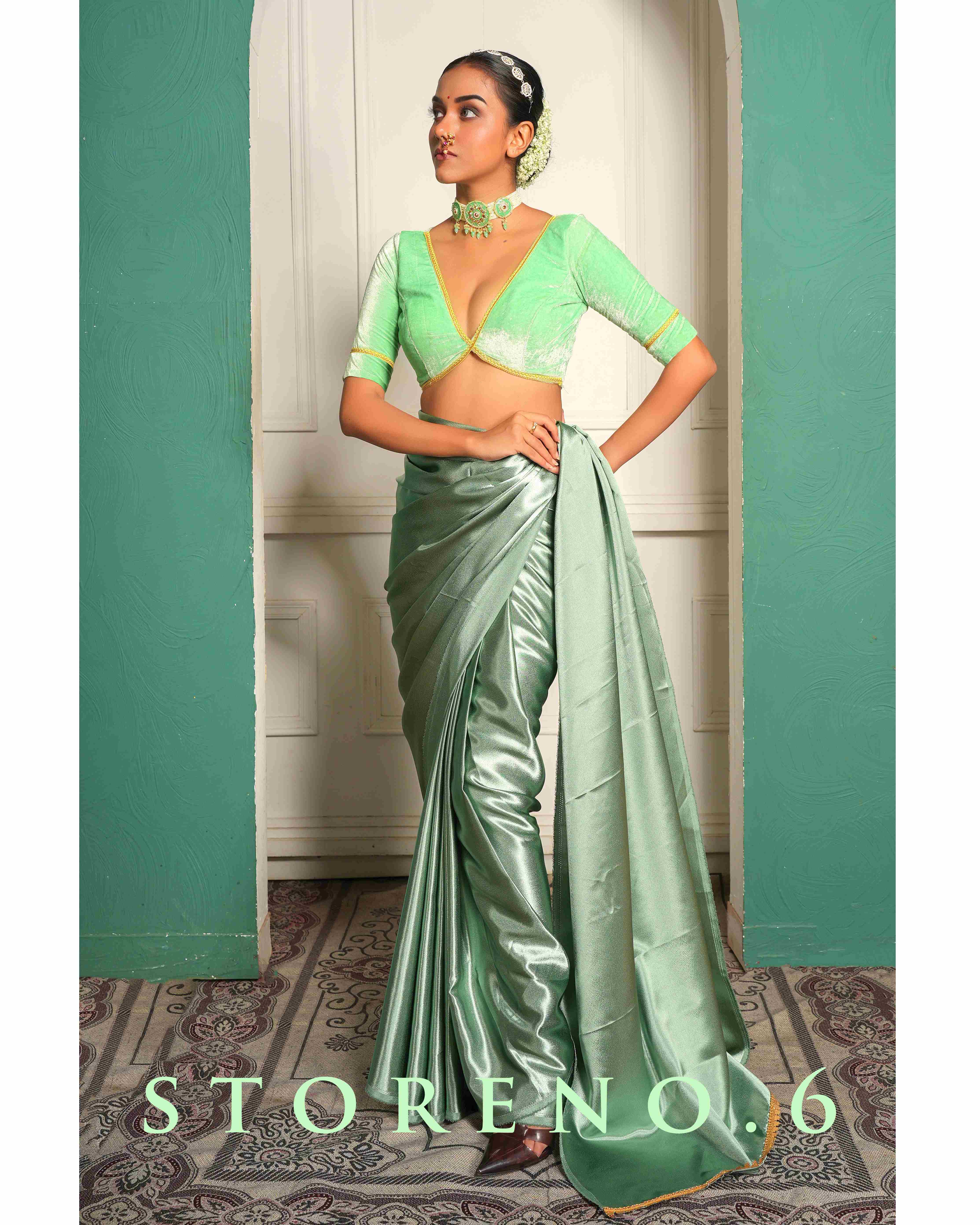 TEAL GREEN SATIN SAREE WITH SEASONAL SEAFOAM BLOUSE