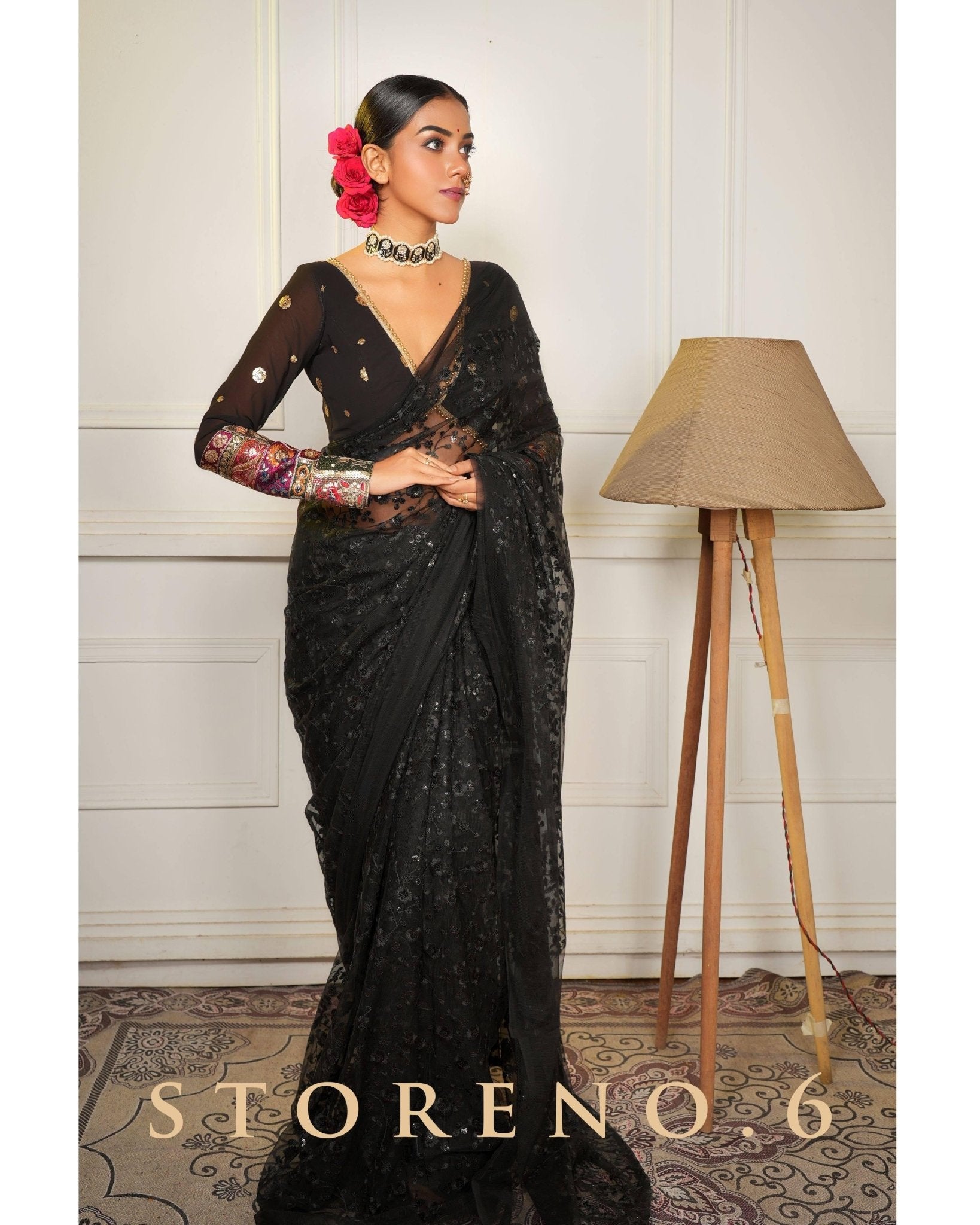 SHINE IN BLACK SAREE WITH RICH IN RAVEN BLOUSE