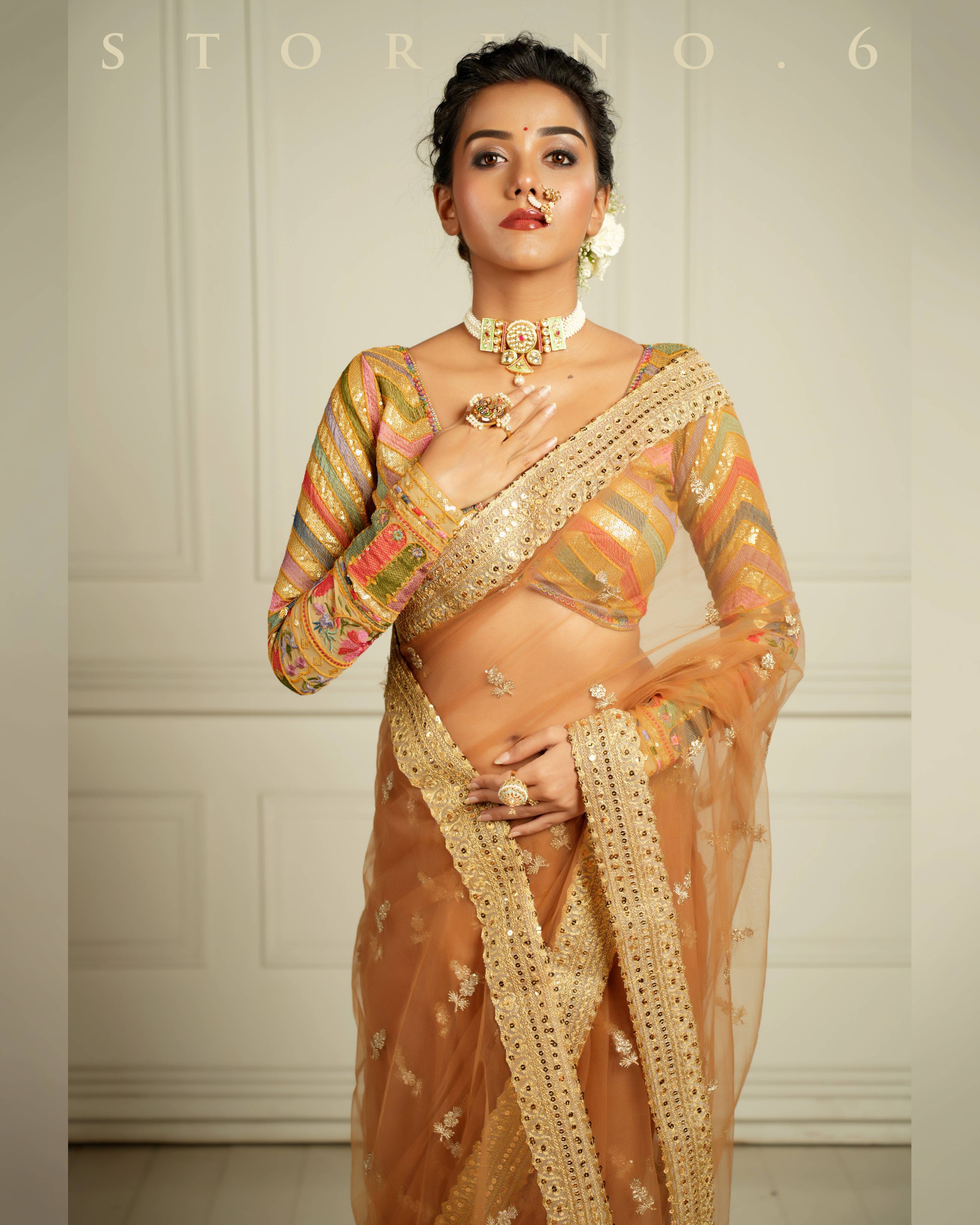 THE QUEEN'S EXOTIC EXPRESSO SAREE WITH BEBAAK SURMAI BLOUSE