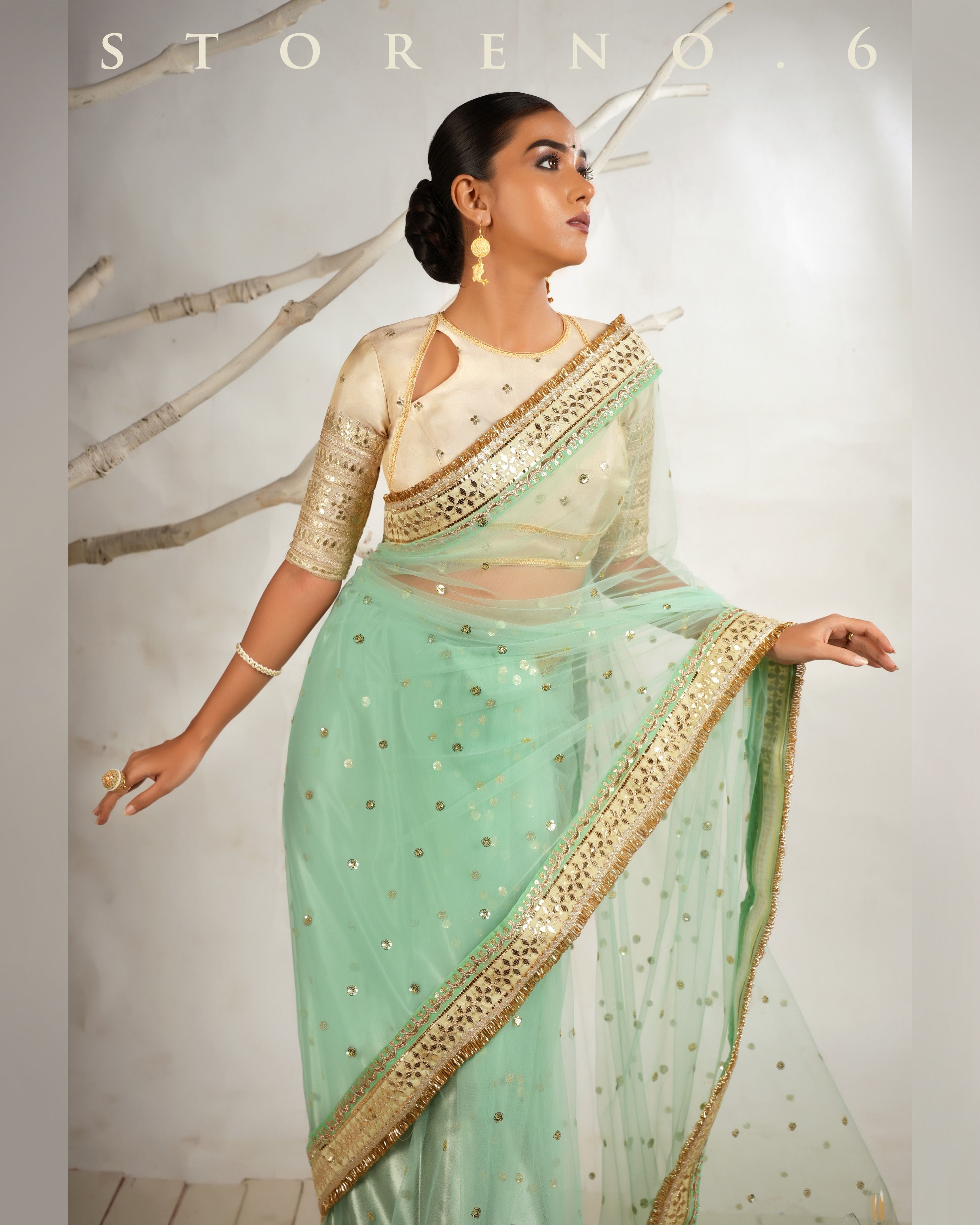 STELLAR SEAFOAM SAREE WITH THE CLASSIC CHAMPAGNE BLOUSE