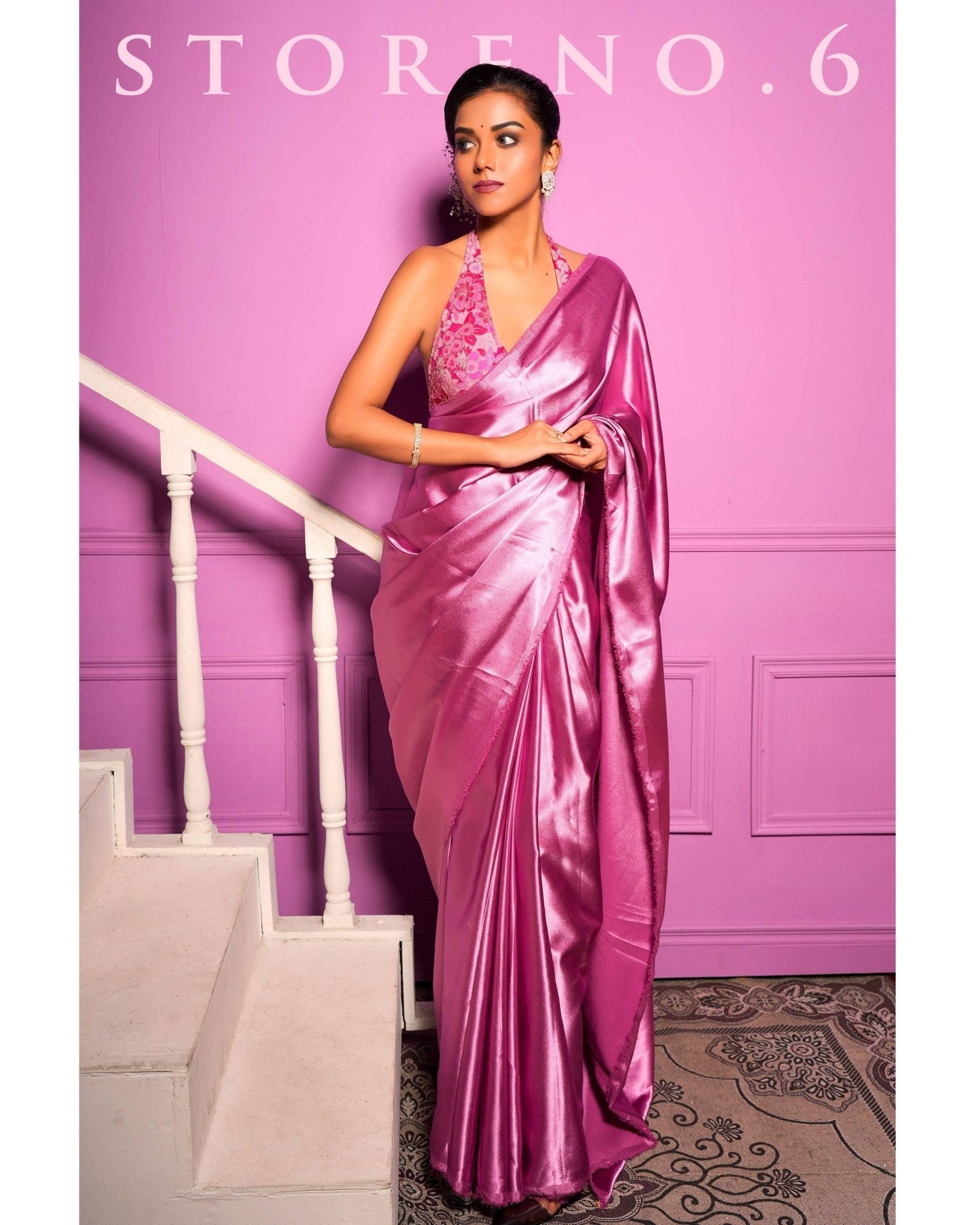 ROSE DUST PINK SATIN SAREE WITH FEISTY FUCHSIA HALTER BLOUSE