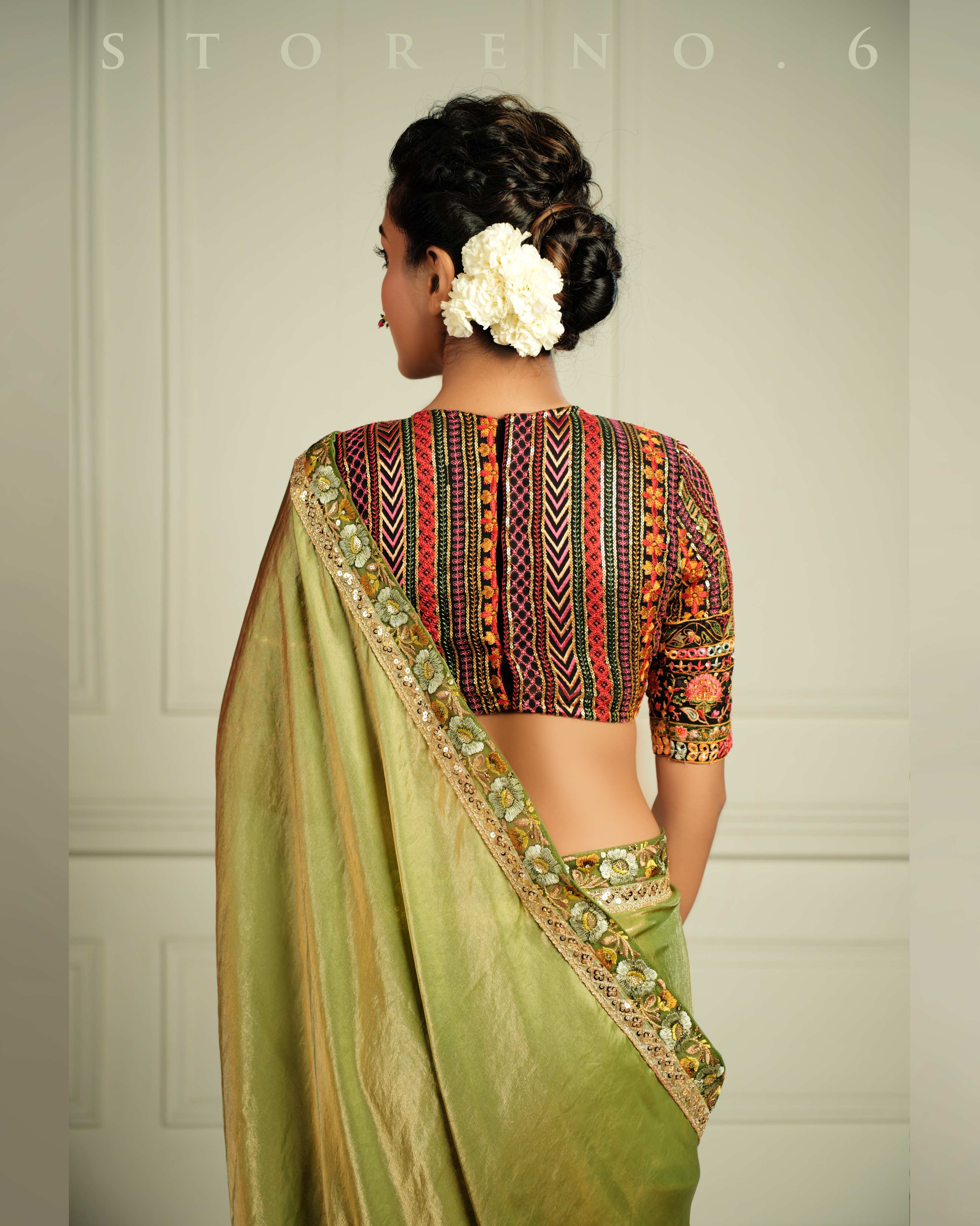 THE IMPERIAL MEADOW WHISPER SAREE WITH DORE KAARI SIAH HEMMED BLOUSE