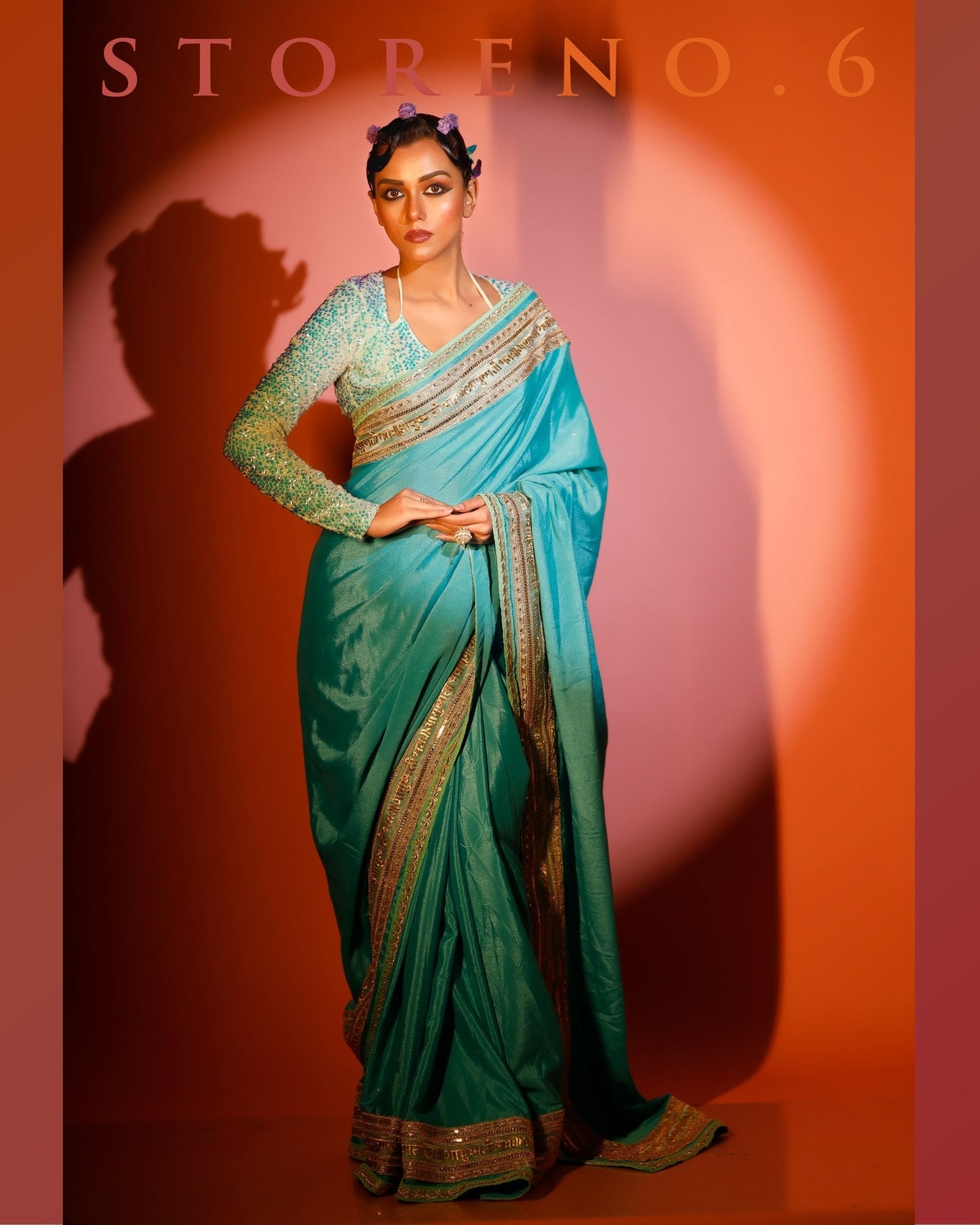 TWINKLING TURQUOISE READY-TO-WEAR SAREE AND BLOUSE SET