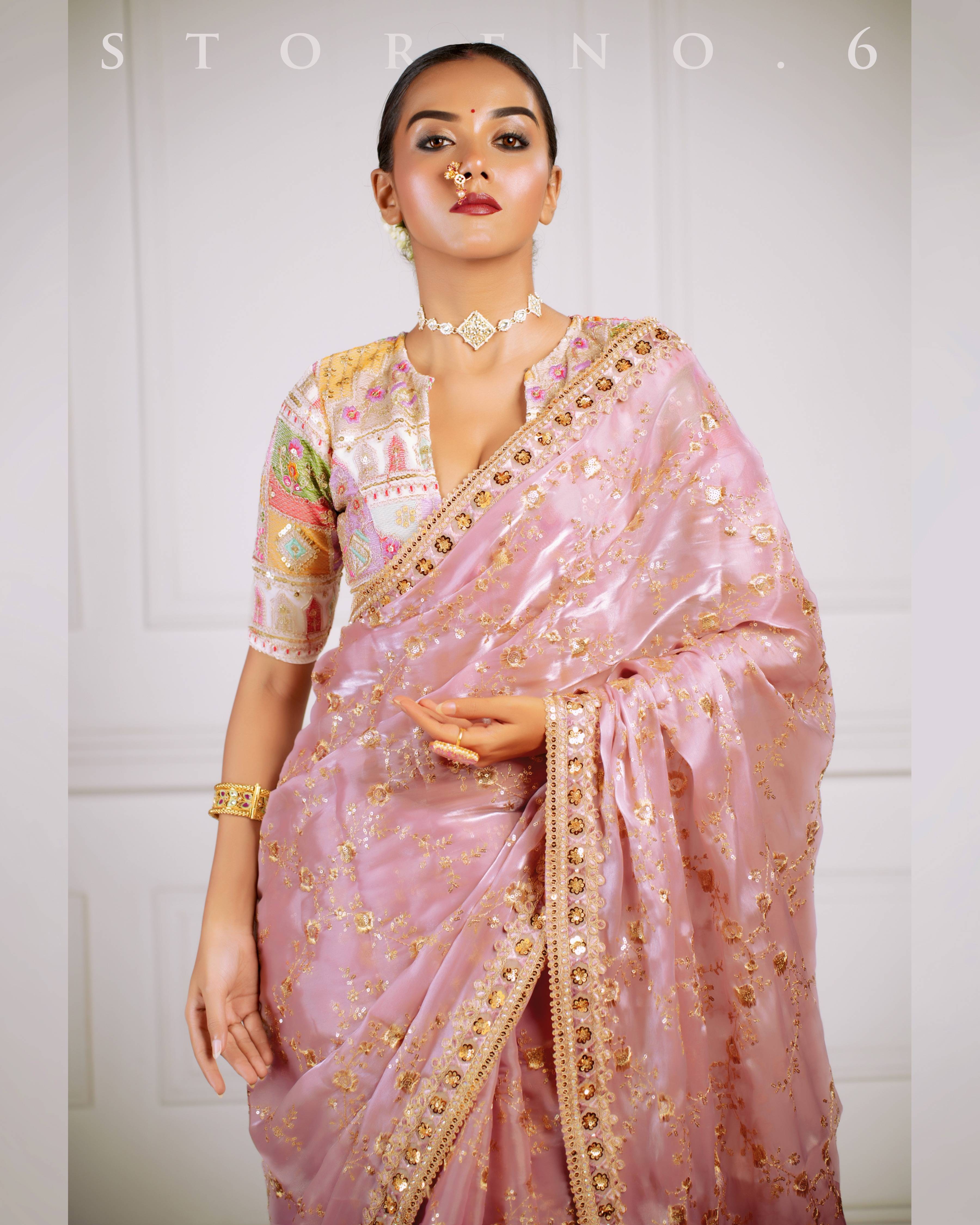 THE FANCY FLAMINGO SAREE WITH THE DAISY DELIGHT BLOUSE