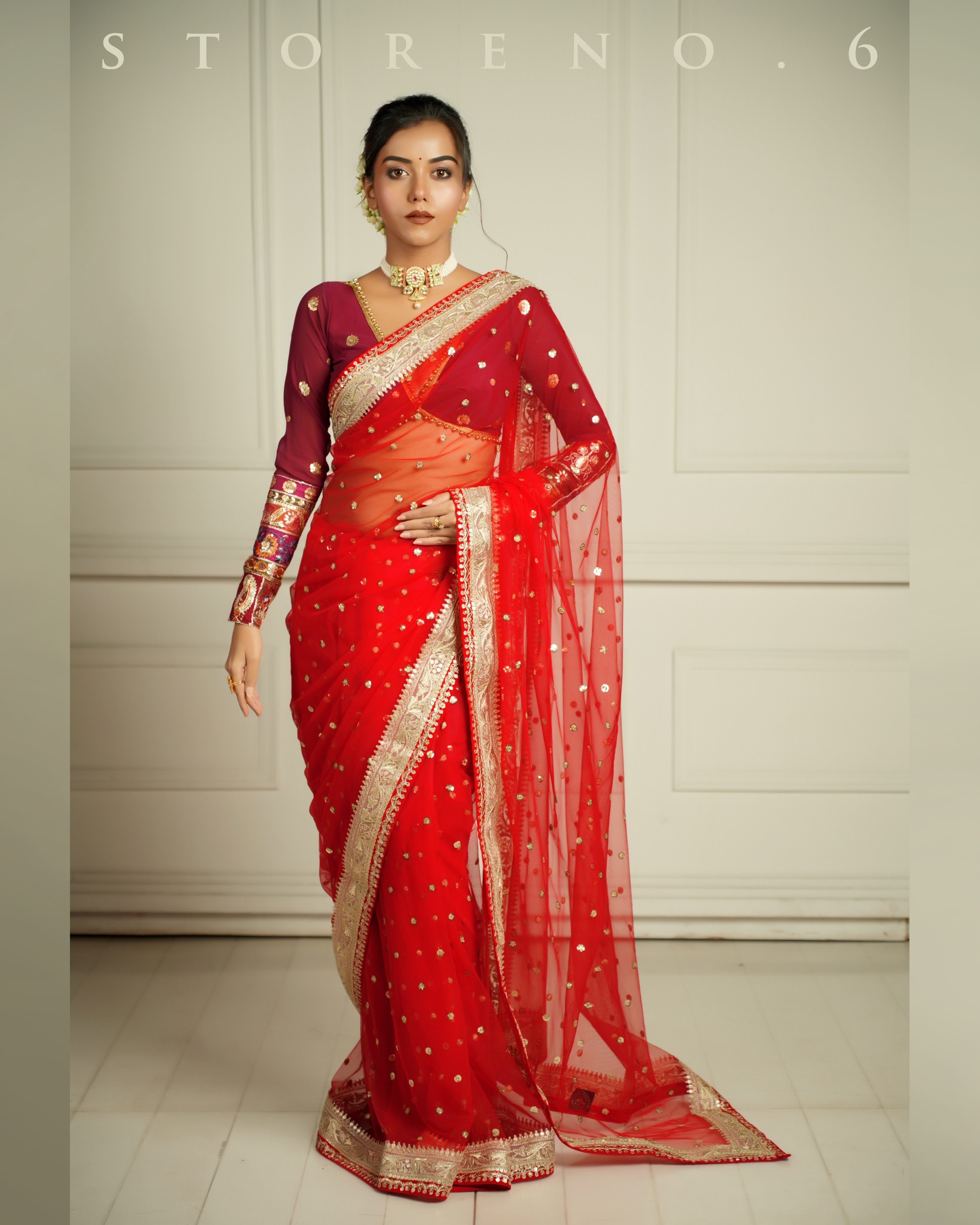 THE QUEEN'S CRIMSON CRUSH SAREE WITH RICH IN MAHOGANY BLOUSE