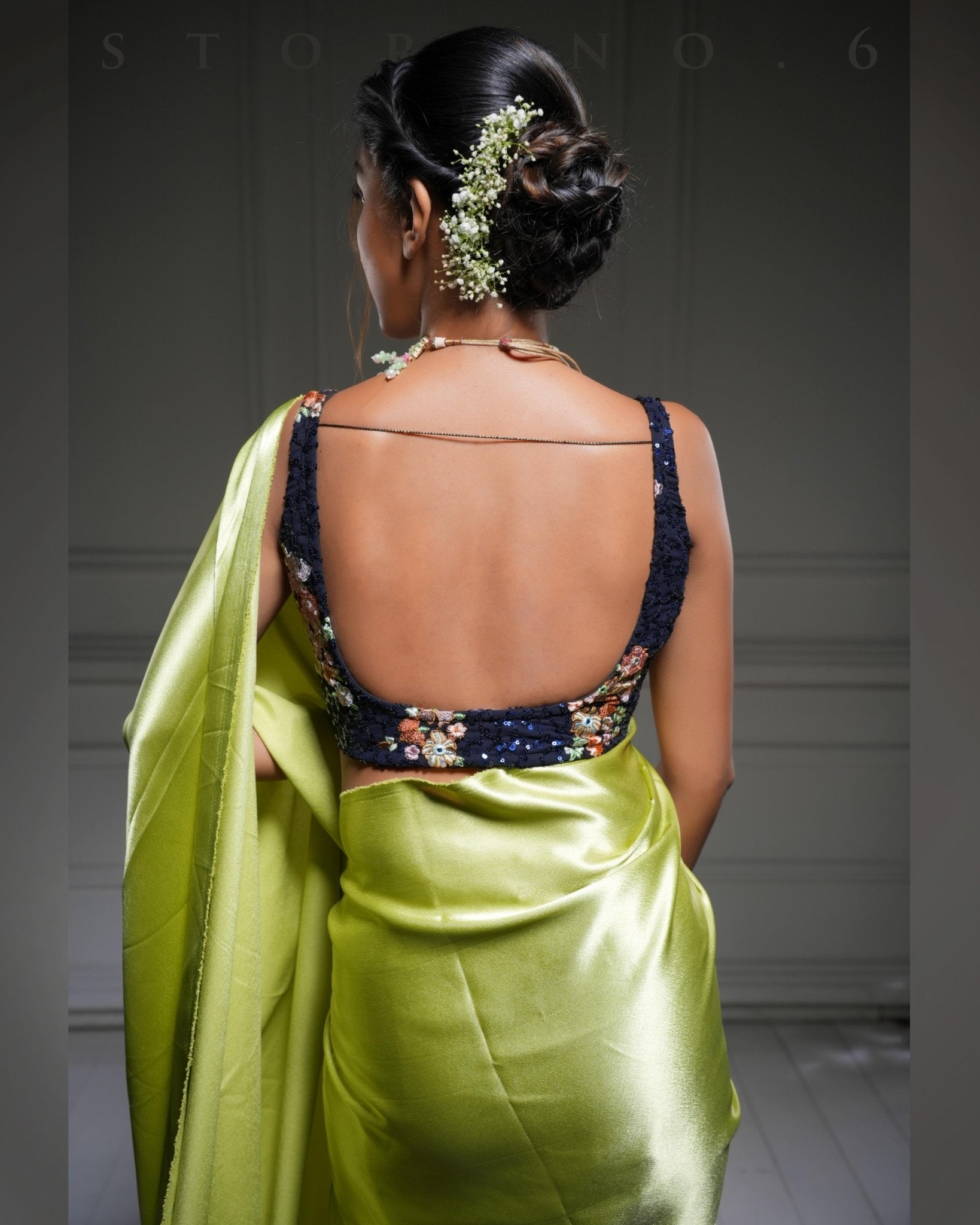 OLIVE OBSESSION SAREE WITH NEELI AFSOON SLEEVELESS PLUNGE BLOUSE