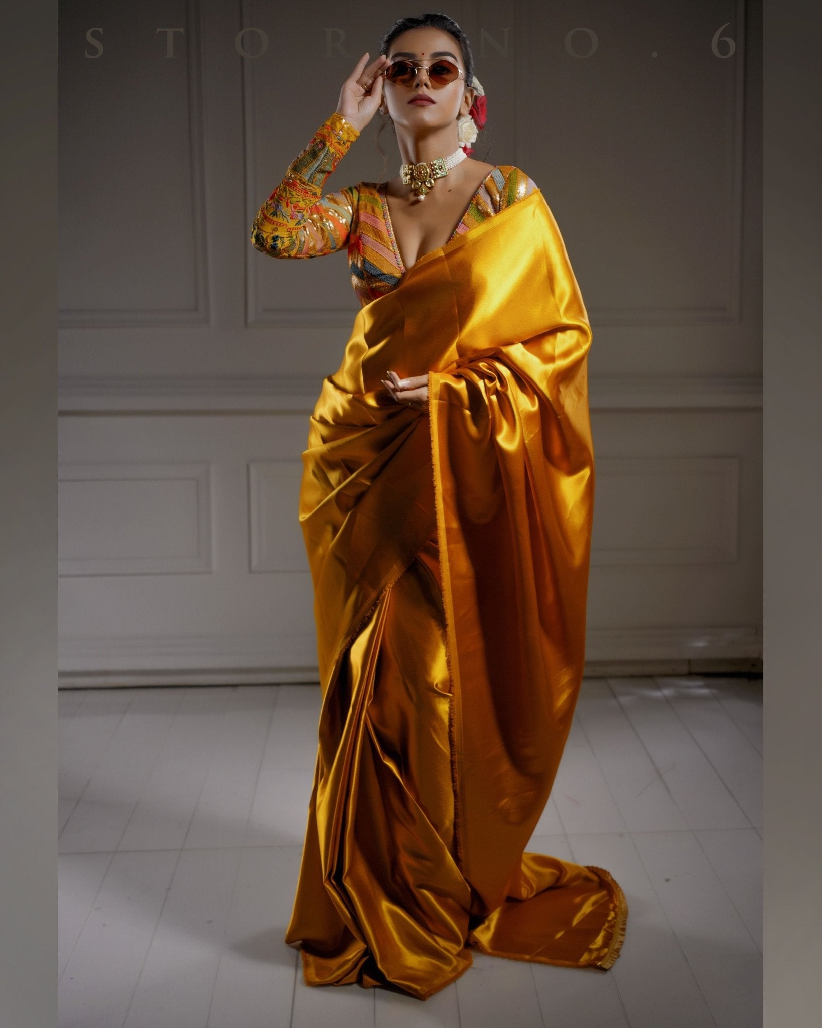 SCENIC SAFFRON SAREE WITH BEBAAK ZARD BLOUSE