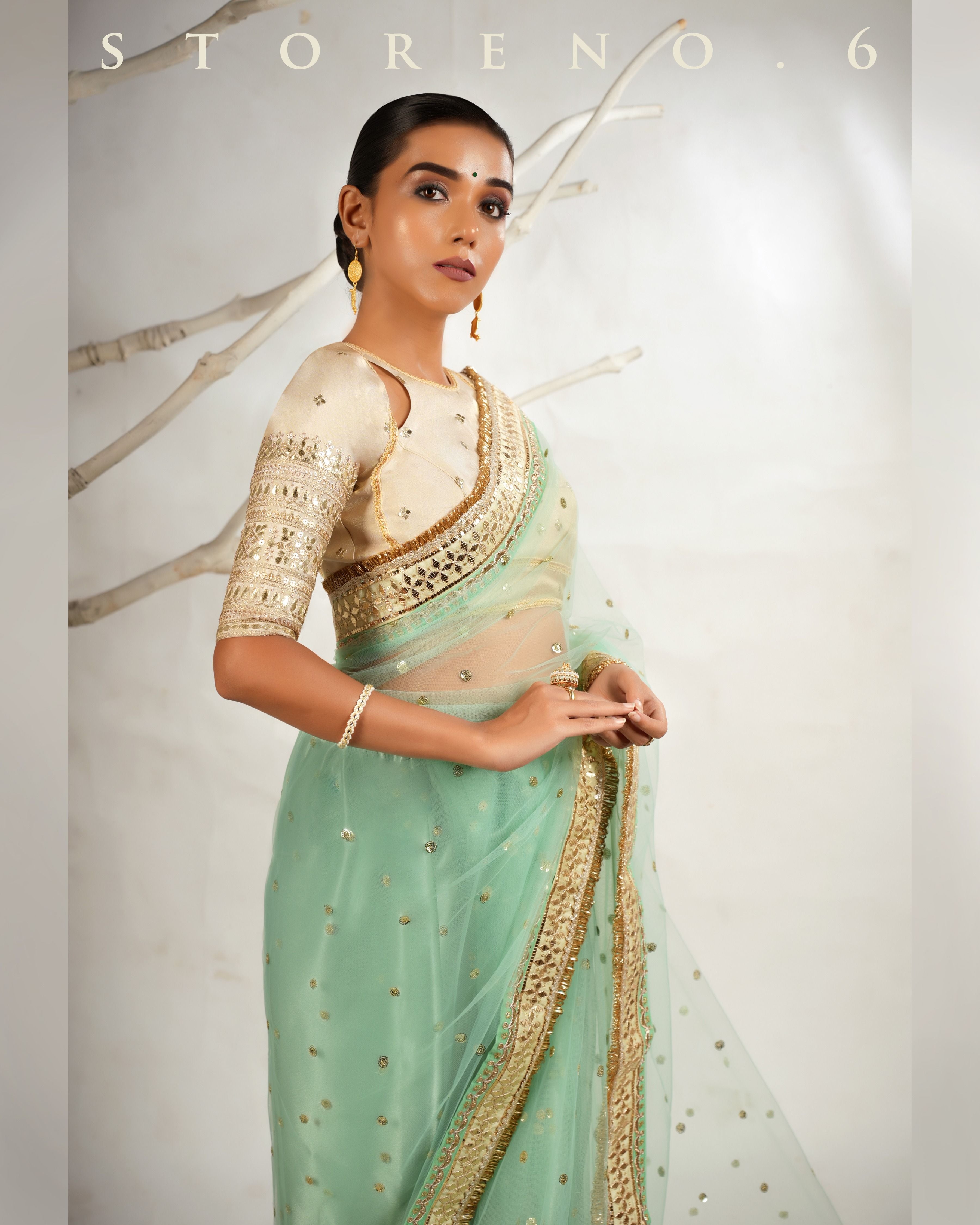 STELLAR SEAFOAM SAREE WITH THE CLASSIC CHAMPAGNE BLOUSE