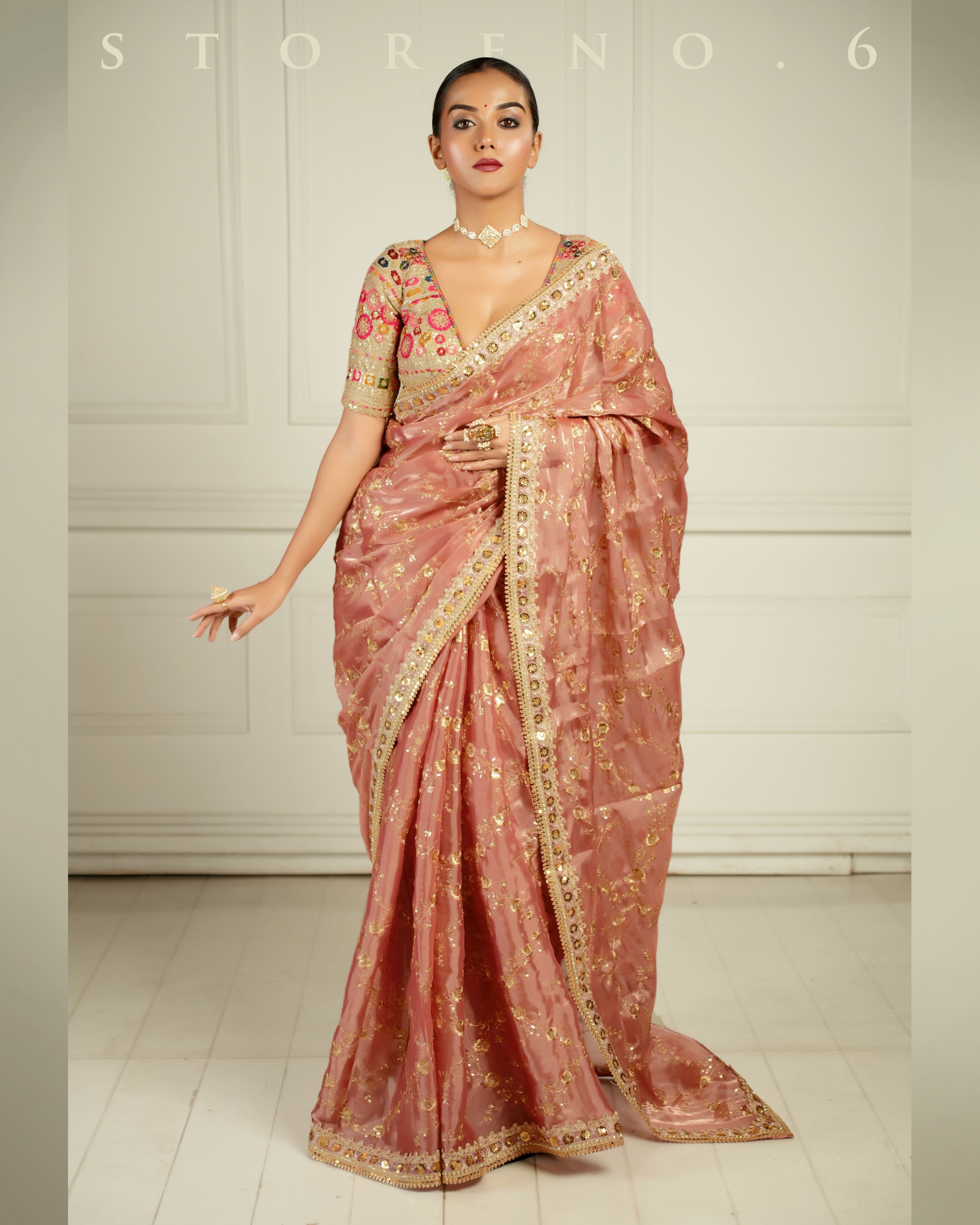 THE CHARM OF THE CORALS SAREE WITH GUL KAARI SURMAI BLOUSE