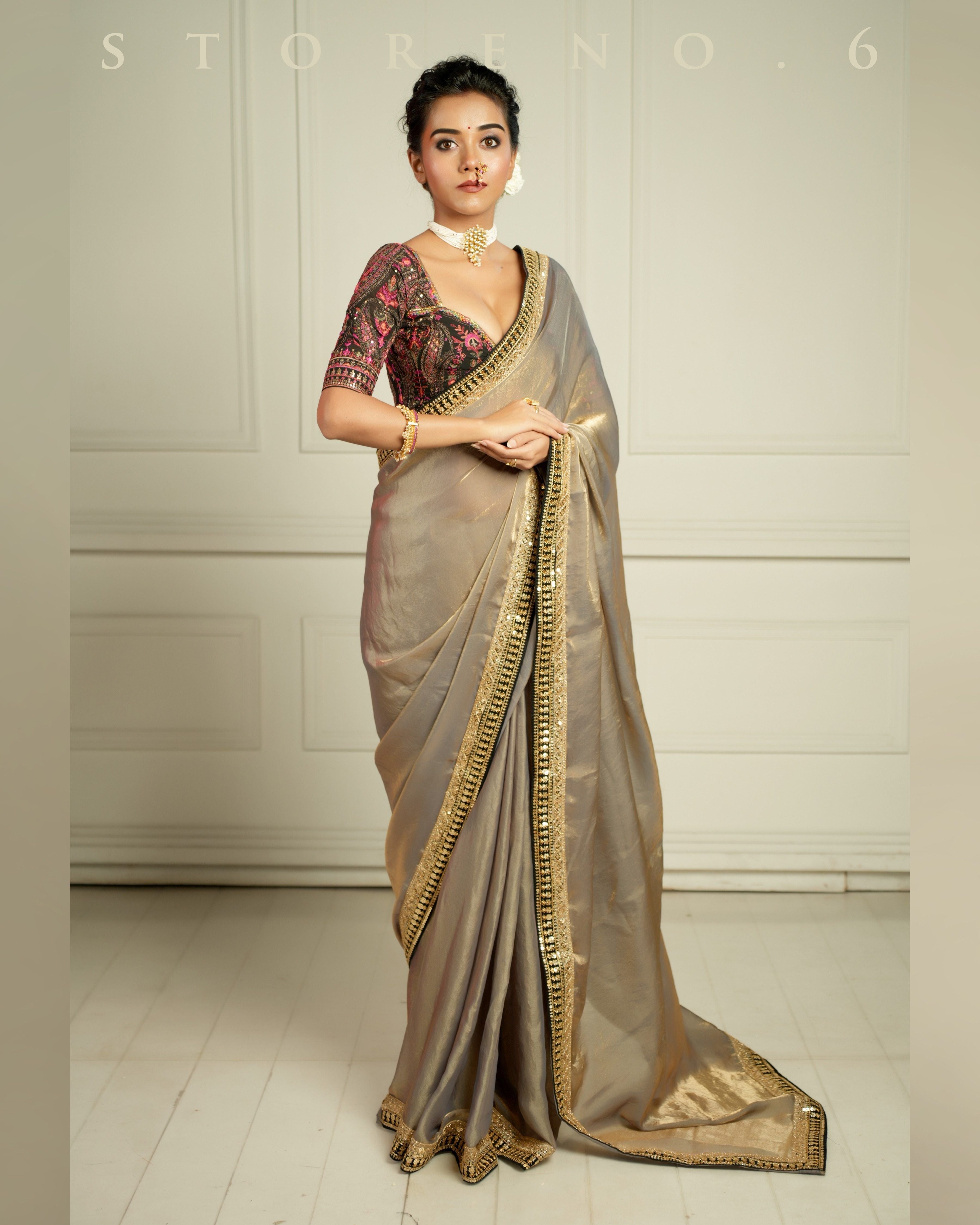 THE IMPERIAL SUNKISSED SMOKE SAREE WITH CHAHAT-E-SIAH BLOUSE