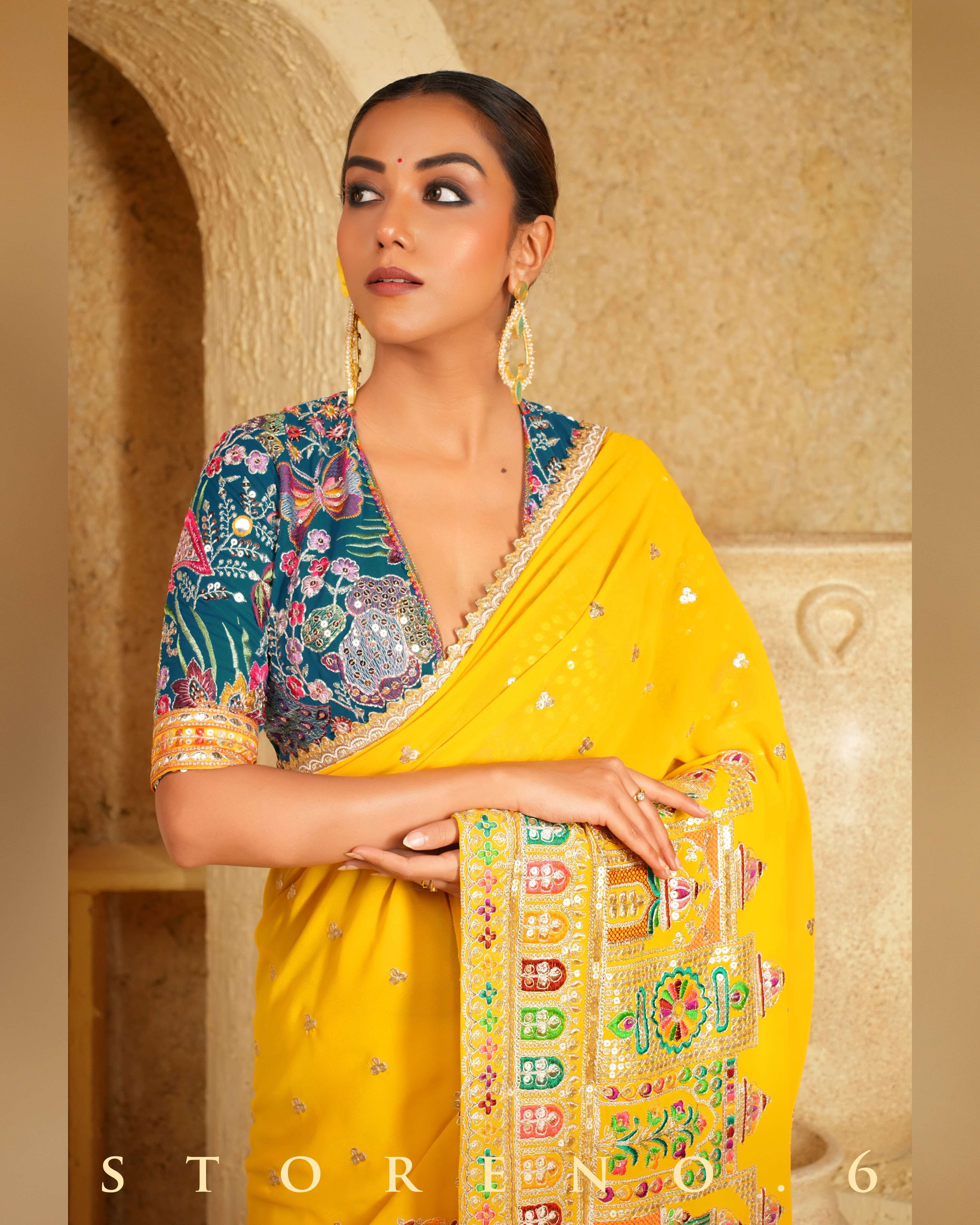 CASA CANARY SAREE WITH TROPICAL TEAL BLOUSE