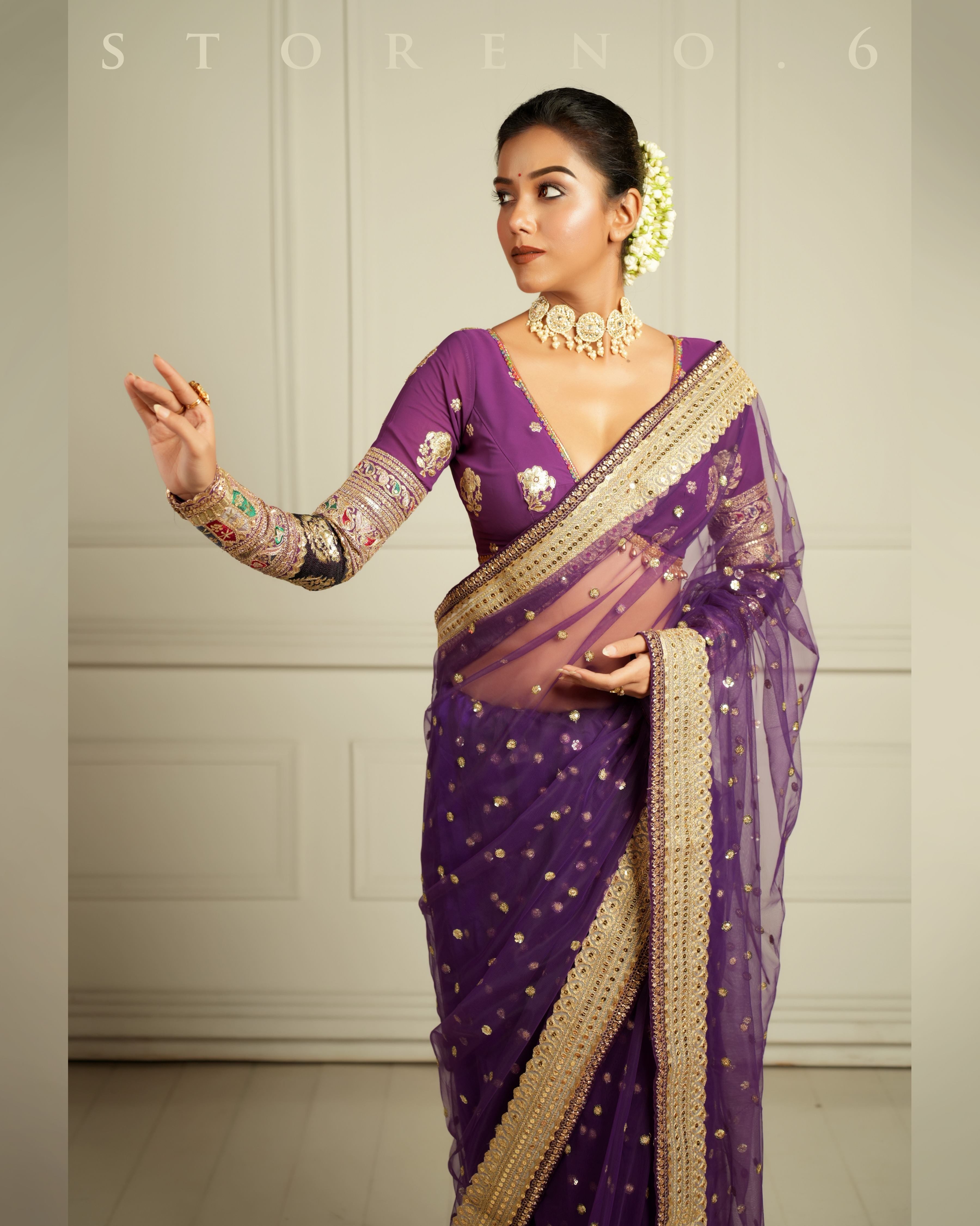 THE QUEEN'S PASSION PLUM SAREE WITH ORNATE ORCHID BLOUSE