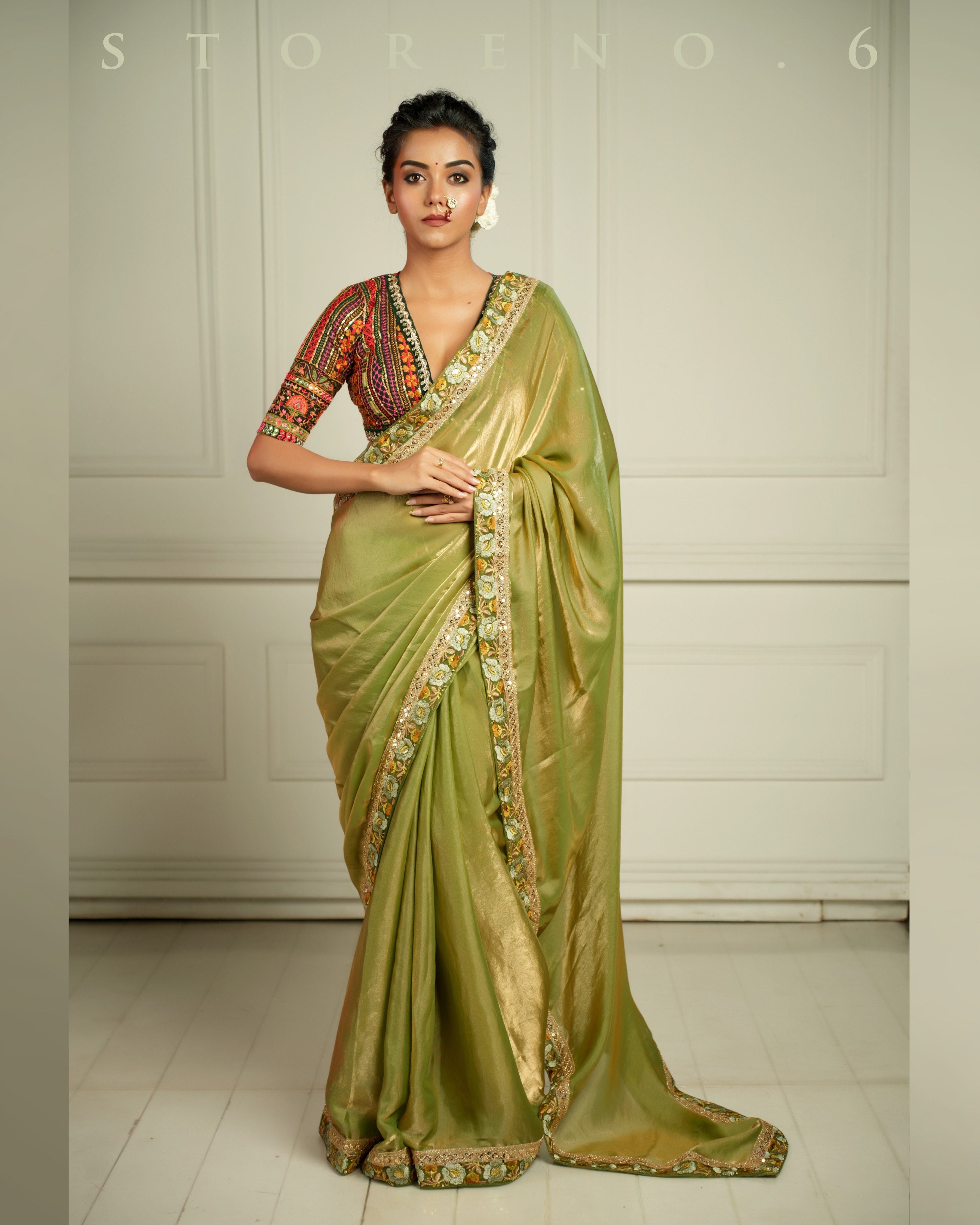 THE IMPERIAL MEADOW WHISPER SAREE WITH DORE KAARI SIAH HEMMED BLOUSE