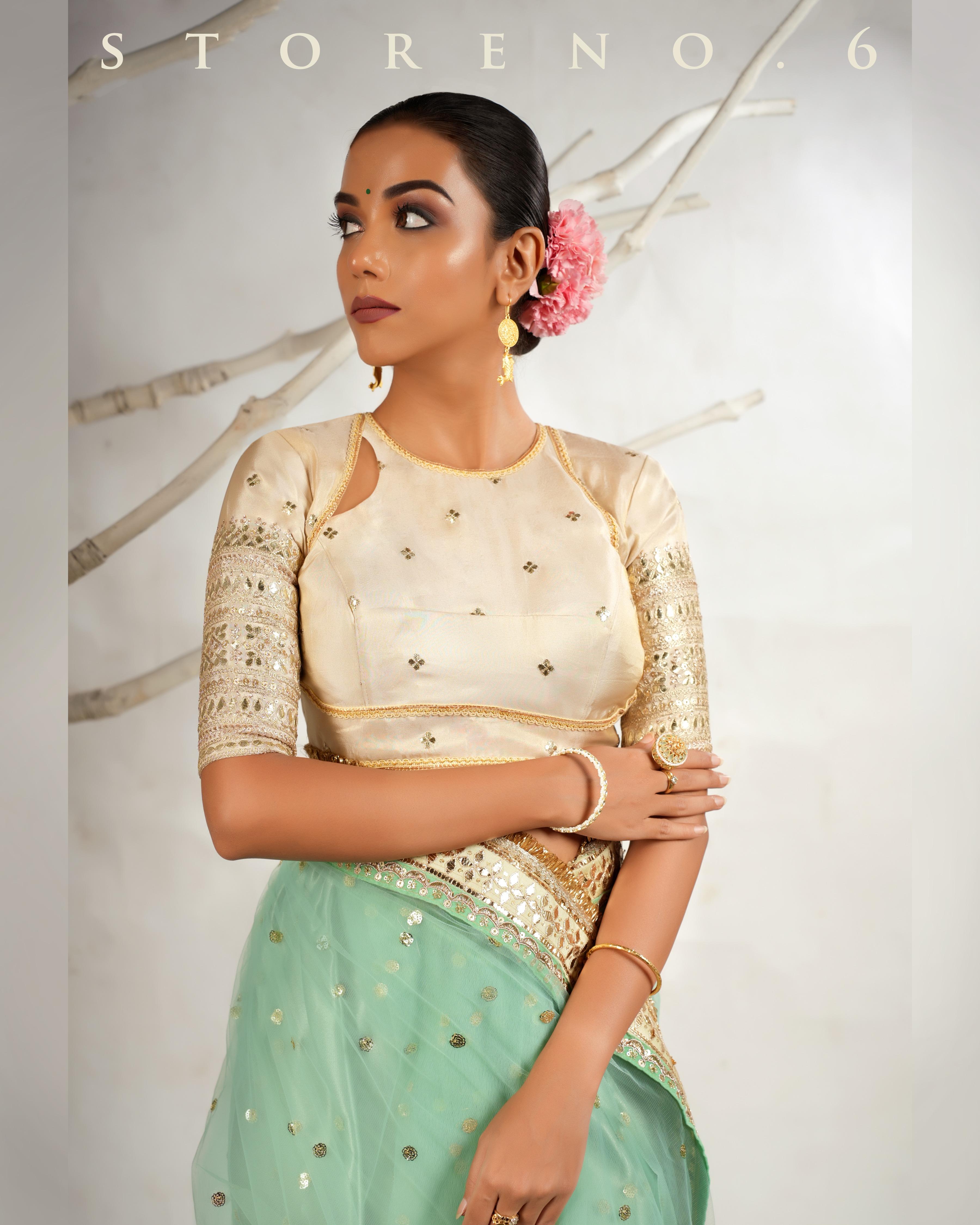 STELLAR SEAFOAM SAREE WITH THE CLASSIC CHAMPAGNE BLOUSE