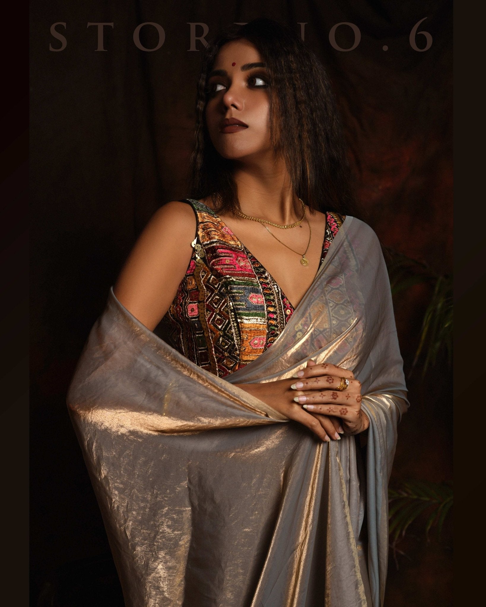 THE FORBIDDEN OASIS SAREE WITH GUL KAARI SIAH PLUNGE SLEEVELESS BLOUSE