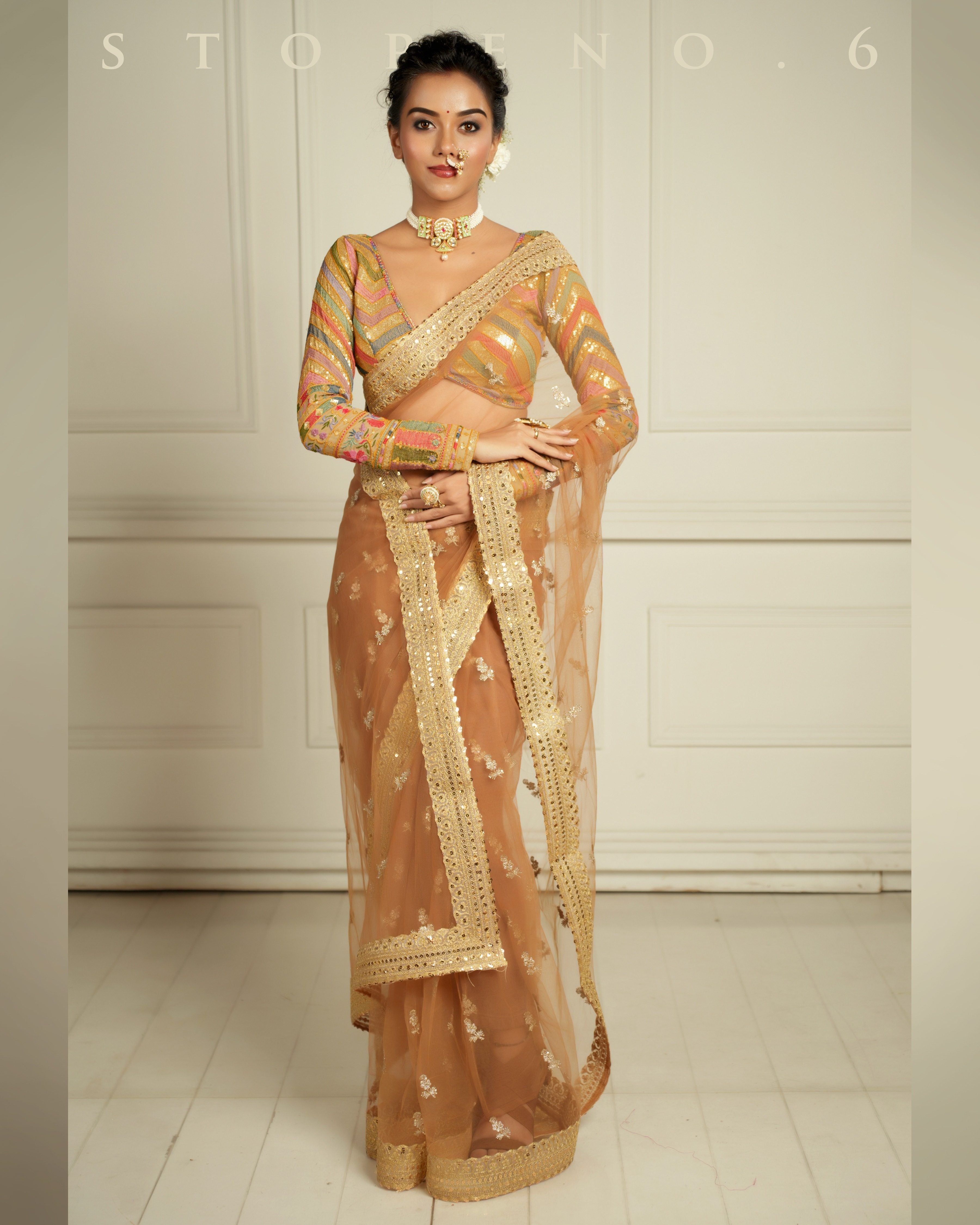 THE QUEEN'S EXOTIC EXPRESSO SAREE WITH BEBAAK SURMAI BLOUSE