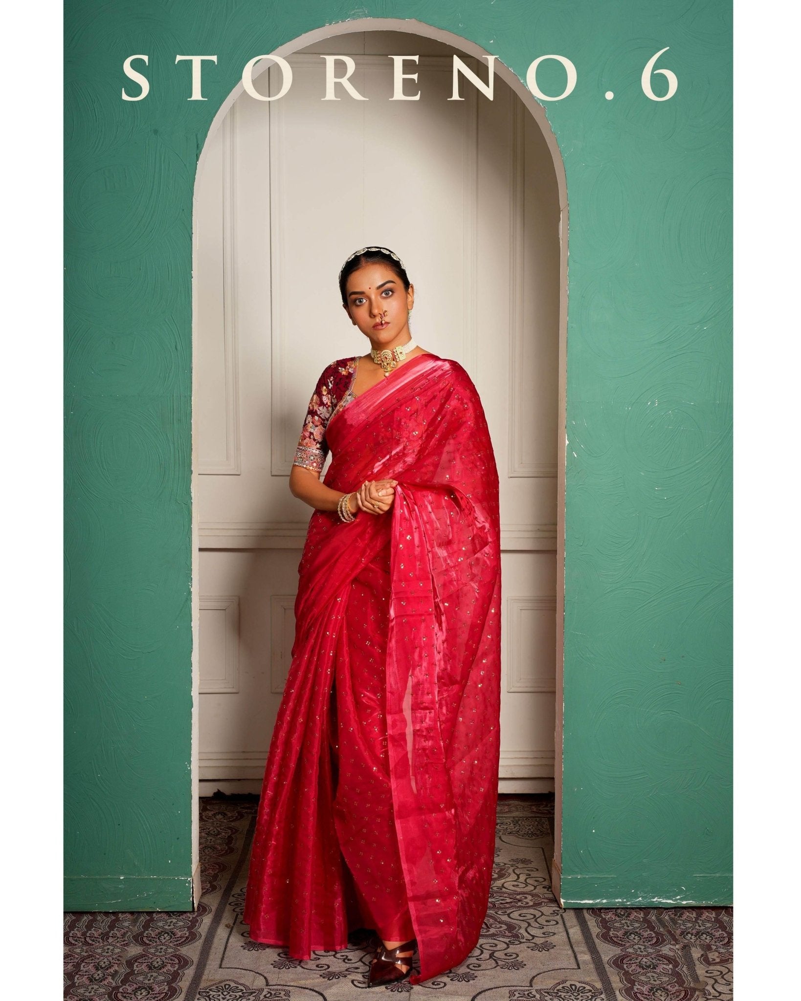 SUBTLE QUEEN SURKH SAREE WITH RAAKT AFSOON BLOUSE