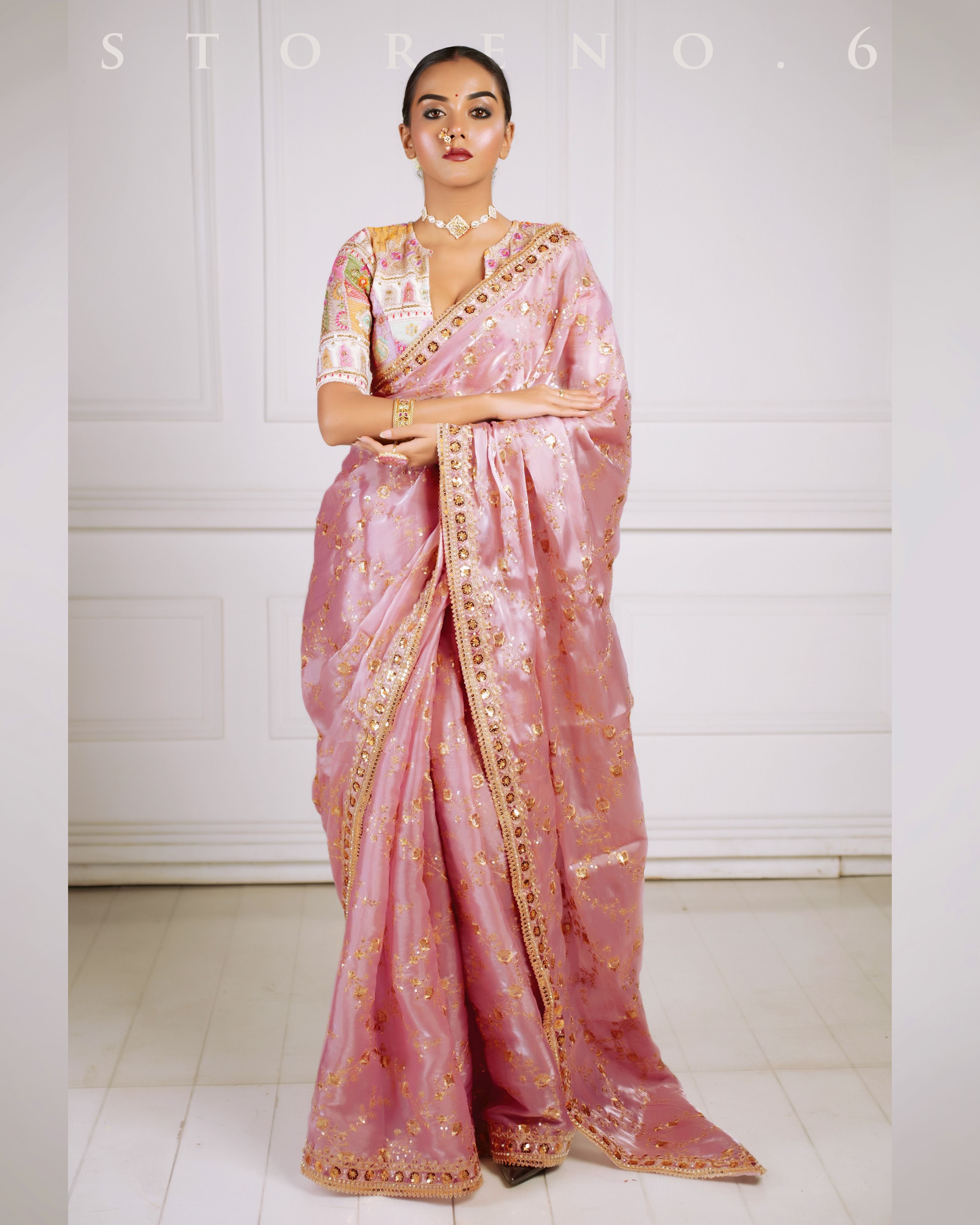 THE FANCY FLAMINGO SAREE WITH THE DAISY DELIGHT BLOUSE