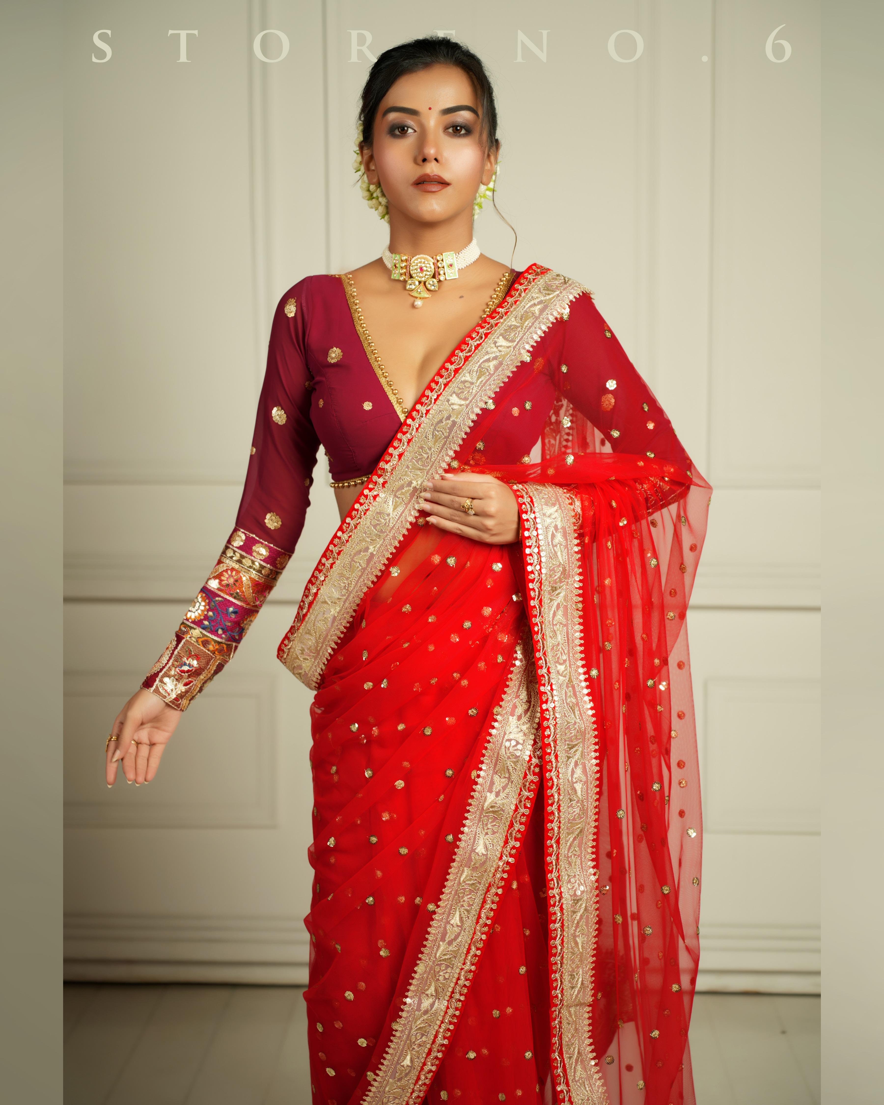 THE QUEEN'S CRIMSON CRUSH SAREE WITH RICH IN MAHOGANY BLOUSE